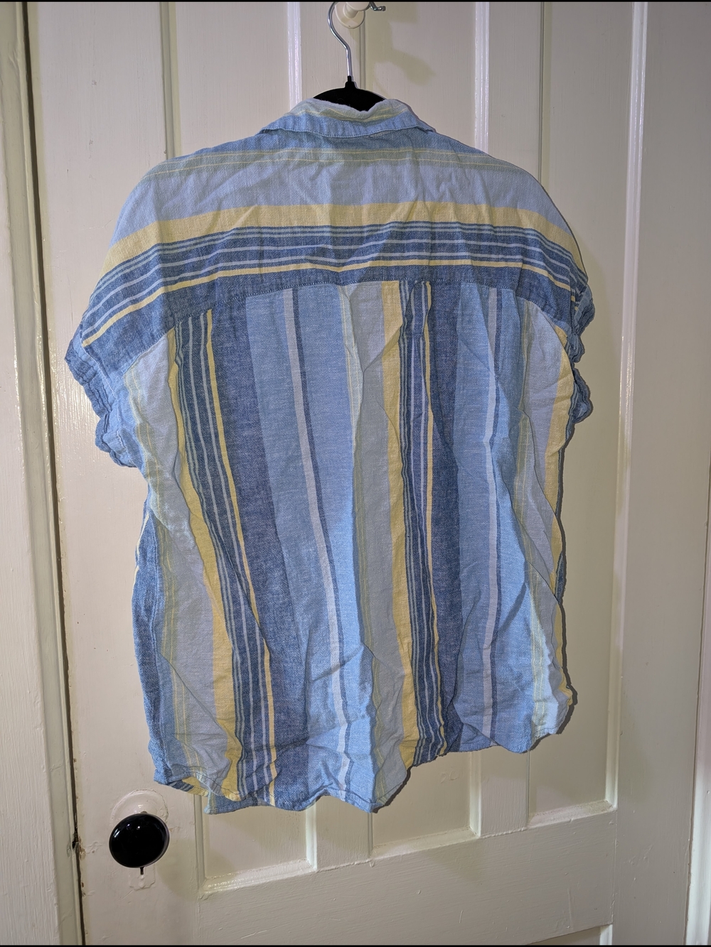 Linen Cotton Striped Button Up Shirt Blue Yellow Short Sleeve Lightweight Summer - Picture 3 of 4